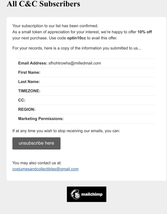 All C&C Subscribers: Subscription Confirmed