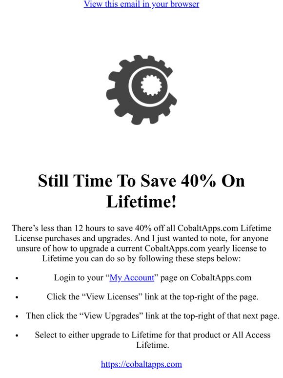Less than 12 hours to save 40% on Cobalt Apps Lifetime Licenses!