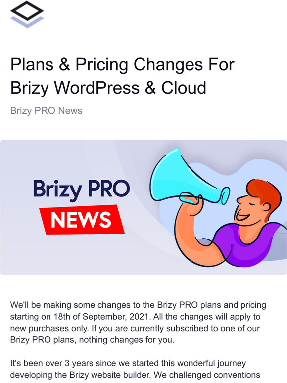 Plans & Pricing Changes For Brizy PRO WordPress & Cloud