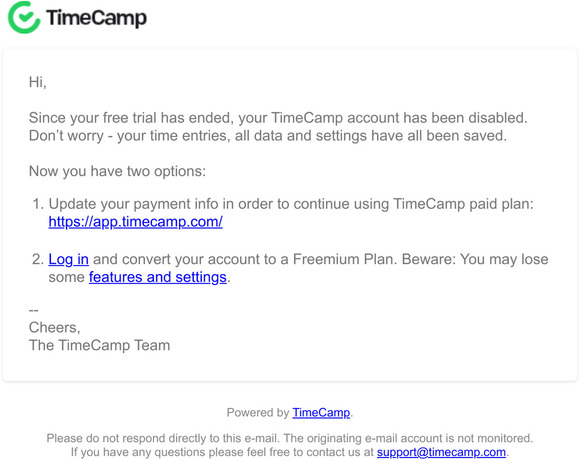 Hello from TimeCamp, your trial has ended