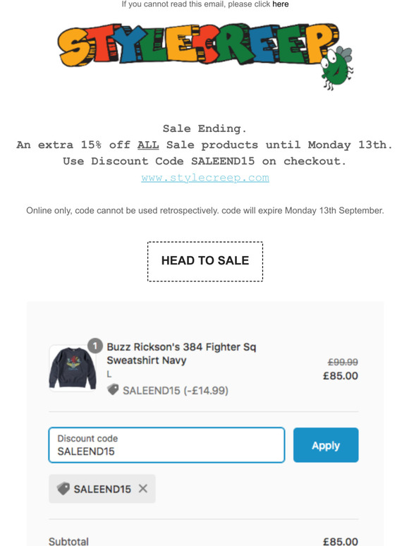 Extra 15% off ALL Sale products - Mailing List Discount Code @Stylecreep