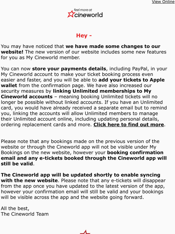 Cineworld Exciting changes to the Cineworld website Milled