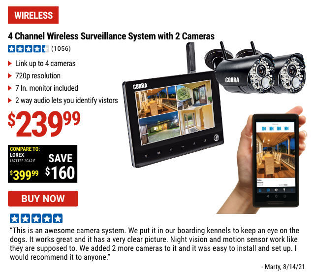 cobra 4 channel wireless surveillance system with 2 cameras 7