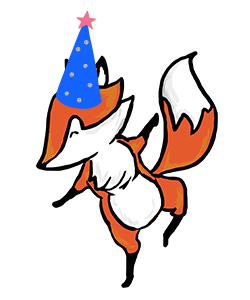 Finnley the fox with a birthday hat on.