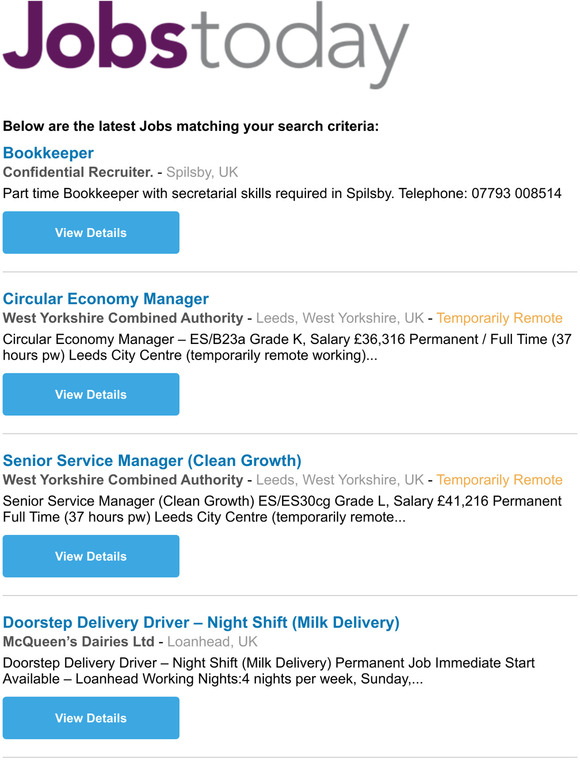Your daily Job Alert from JobsToday