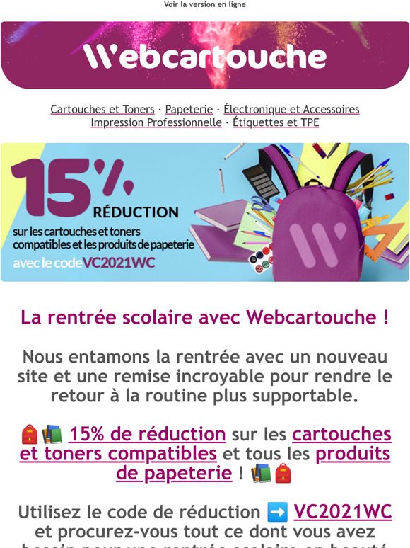  15% de remise !  La rentre des classes avec Webcartouche