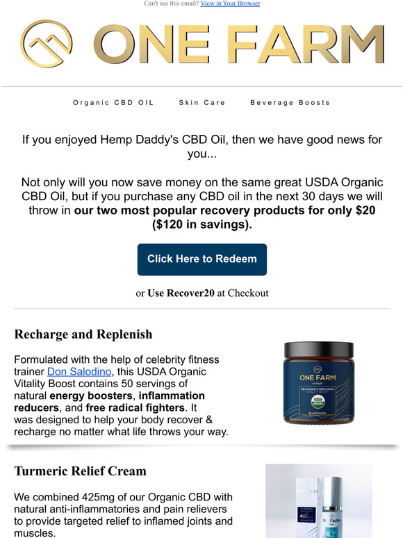 Save $120 - Purchase any CBD Oil and Get 2 Recovery Products for $20