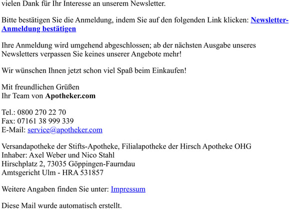 Besttigung Newsletter-Anmeldung von apotheker.com