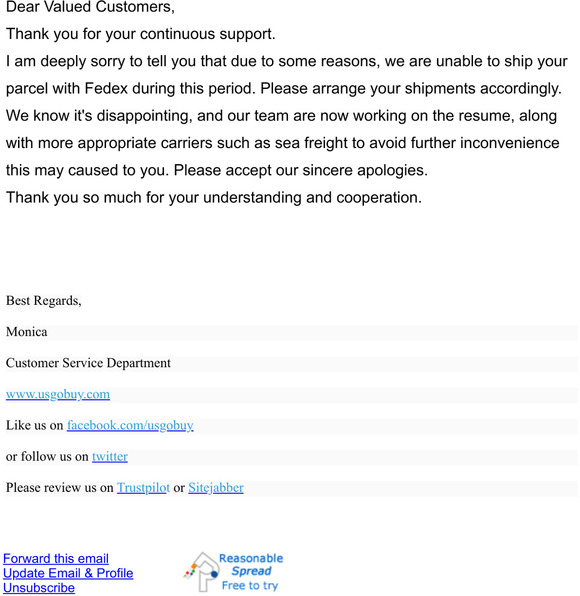 EMERGENCY NOTICE: Fedex will be suspended temporarily