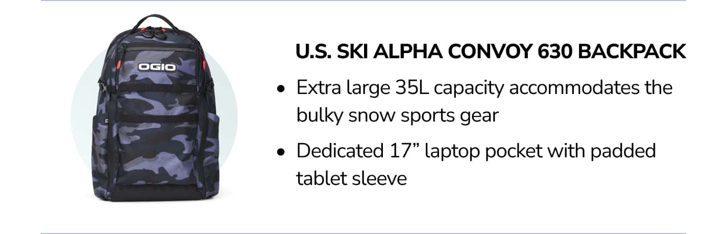 extra large 35 liter capacity accomodates the bulky snow sports gear, dedicate4d 17 inch laptop pocket with padded tablet sleeve