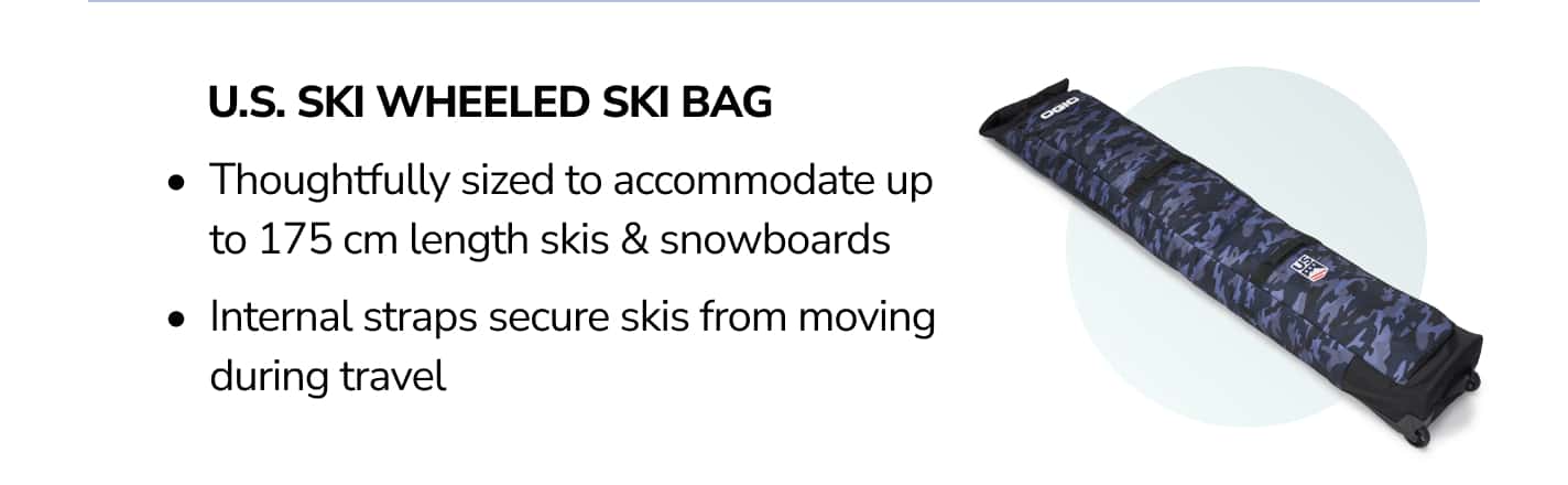 u s ski wheeled ski bag. thoughtfully sized to accommodate up to 175 centimeter length skis and snowboards, internal straps secure skis from moving during travel