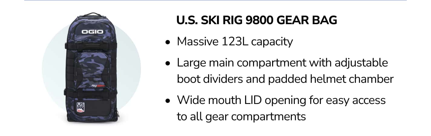 u s ski rig 9800 gear bag. massive 123 liter capacity, large main compartment with adjustable boot dividers and padded helmet chamber, Wide mouth LID opening for easy access to all gear compartments