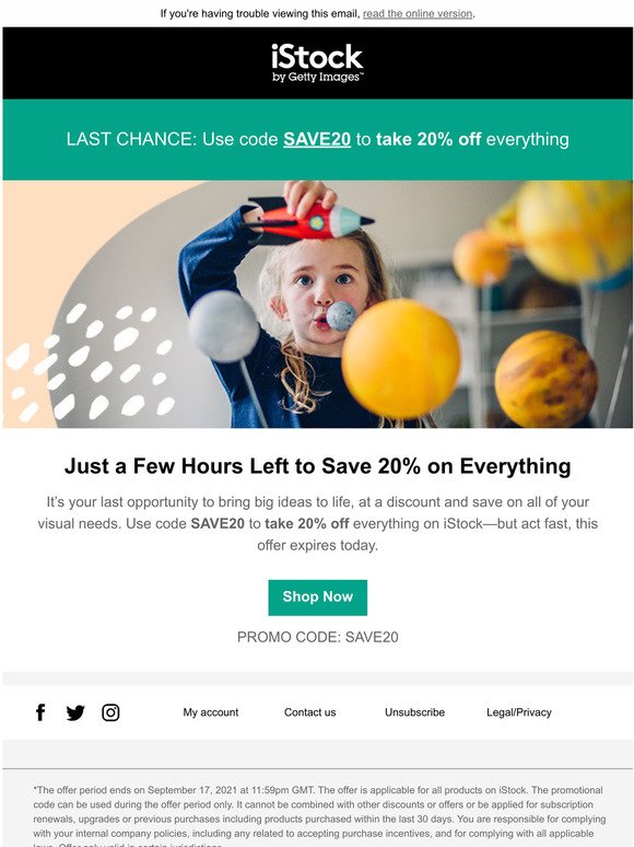 Sale Ends Today: Take 20% Off Everything on iStock