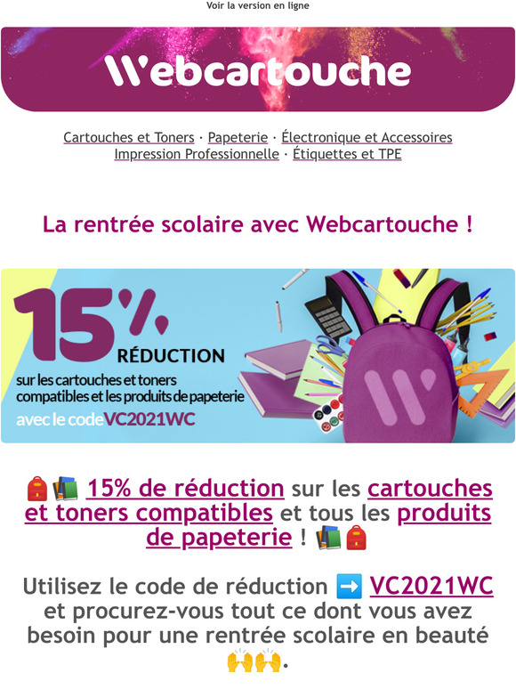  15% de remise !  La rentre des classes avec Webcartouche