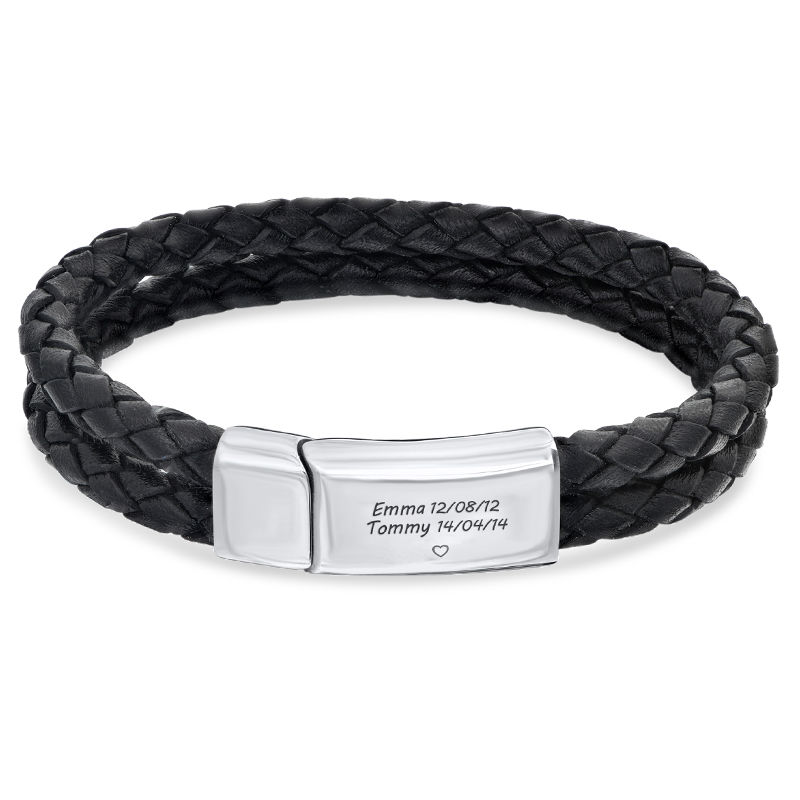 Schwarzes Lederarmband mit Gravur für Herren aus Edelstahl