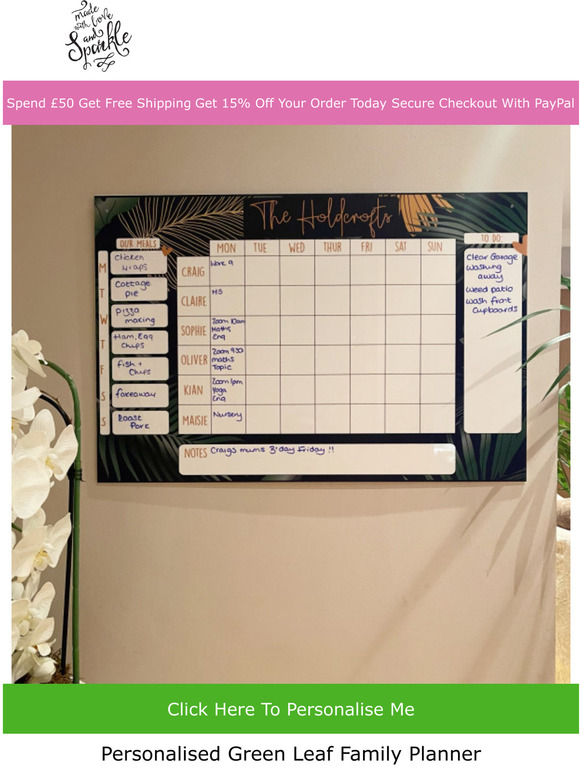  Personalised Green Leaf Family Planner  Keep Your Family Organised Today 