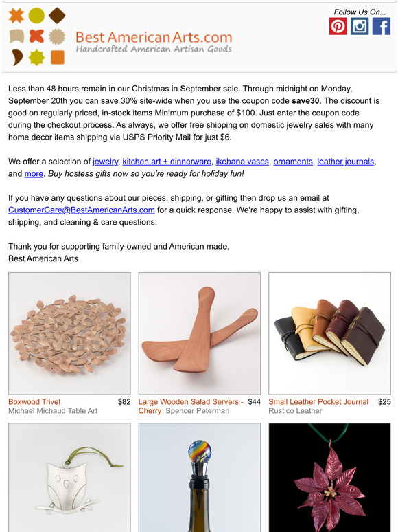 Last Chance to Save 30% during our Christmas in September Sale at Best American Arts