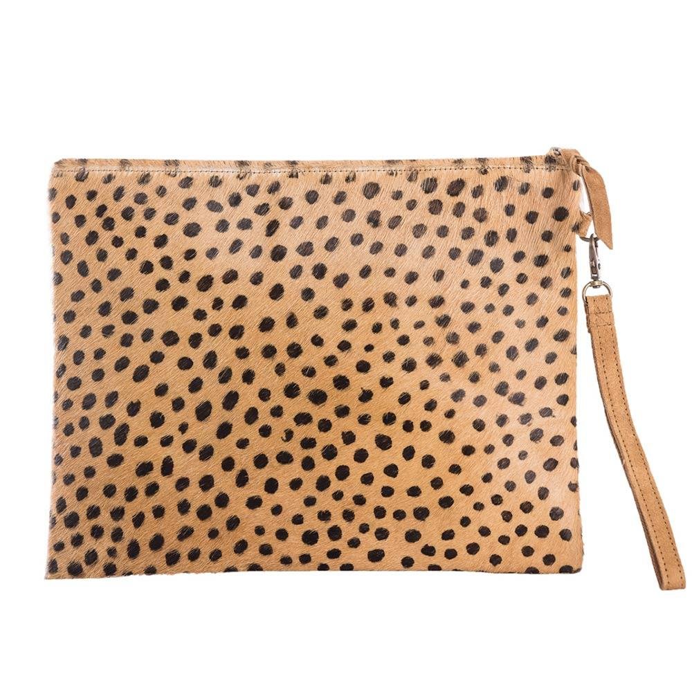 Image of Brown/Black Polka Dot Hair on Leather Clutch