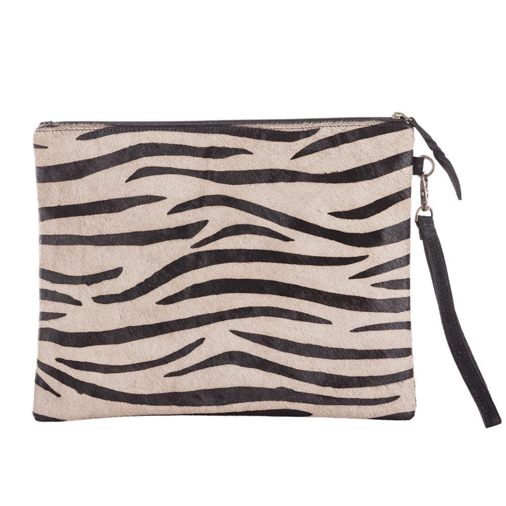 Image of Gray/Black Zebra Hair on Leather Clutch