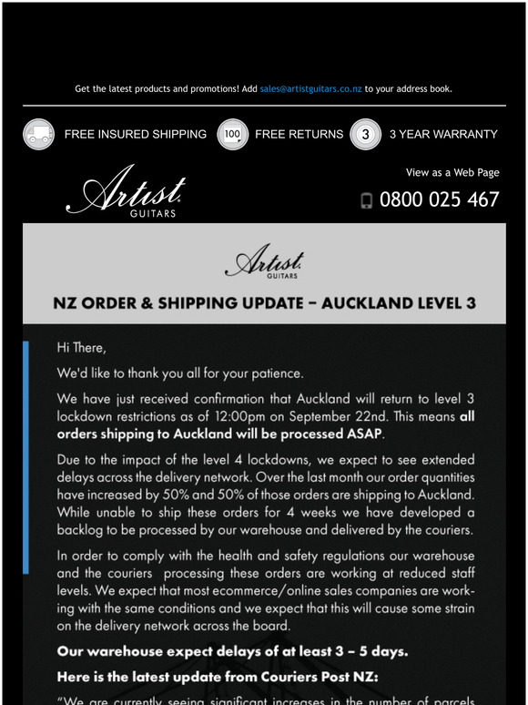 NZ ORDER & SHIPPING UPDATE - AUCKLAND LEVEL 3