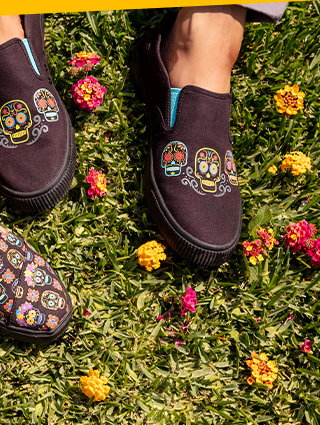 Black Dia De Los Muertos Baja Slip Ons