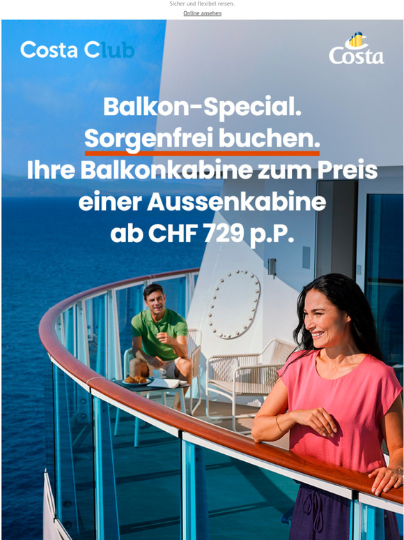Nur noch wenige Tage, um Ihren privaten Balkon mit Blick auf das Meer ab CHF 729 p.P. zu buchen!