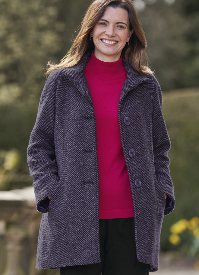 Purple toned herringbone button coat