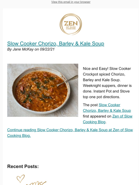 Slow Cooker Chorizo, Barley & Kale Soup - New Post from Zen of Slow Cooking Blog