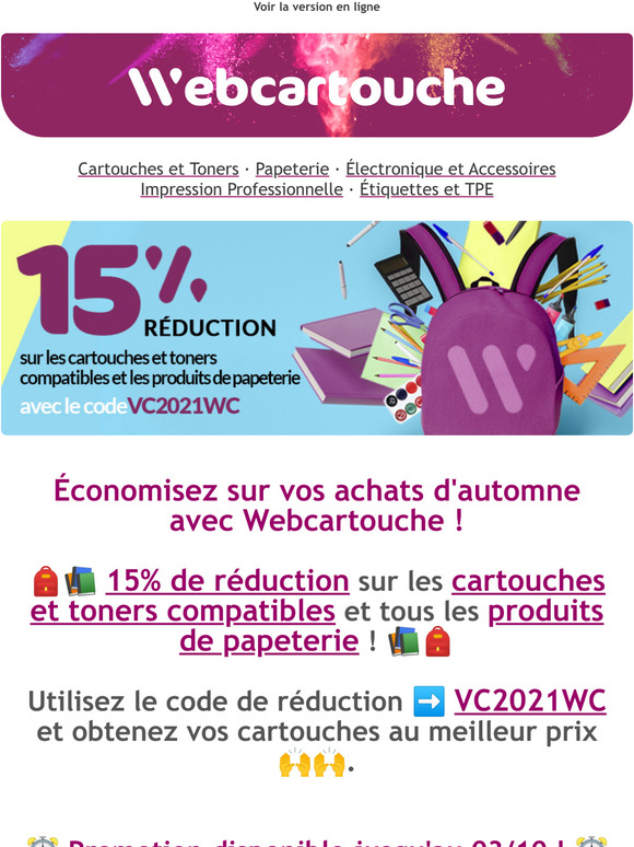  15 % de remise sur votre commande avec Webcartouche !