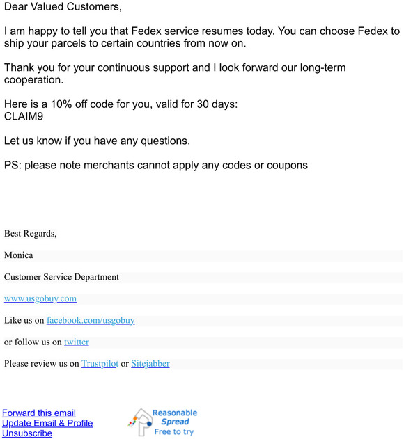 USGoBuy Fedex service resumes
