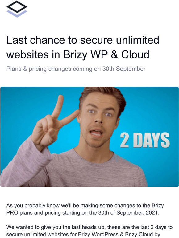 Last 2 days to secure unlimited websites in Brizy WP & Brizy Cloud