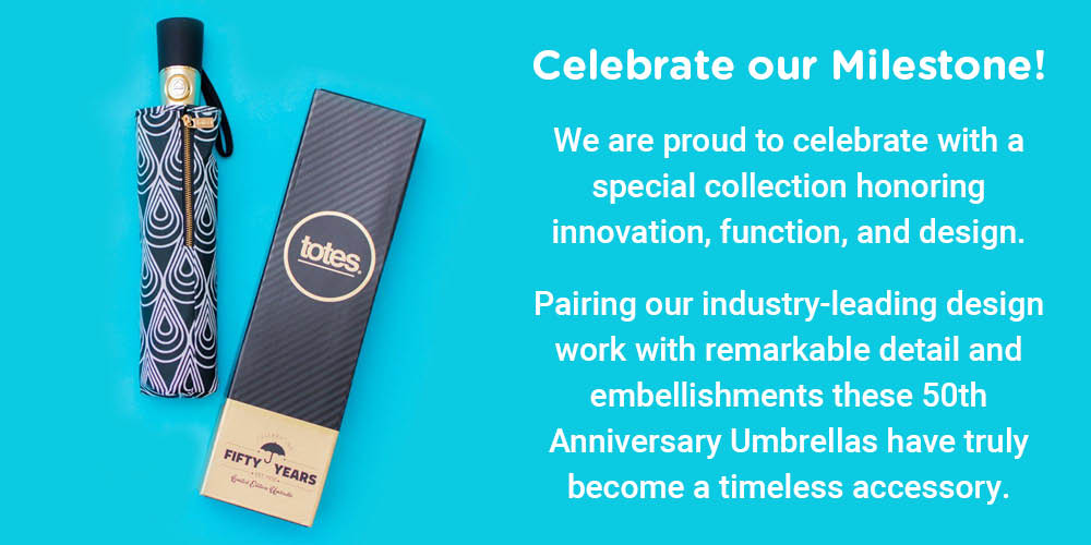 Celebreate our Milestone - a Totes 50th anniversary umbrella next to packaging 