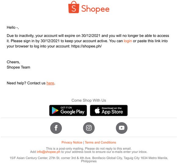 Shopee (PH): Expiry of Shopee Account