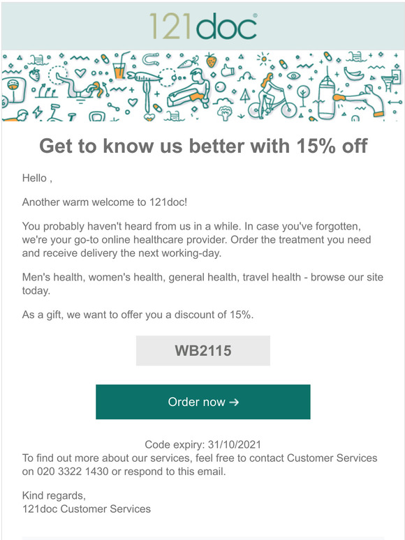 Welcome back - 15% off your first order