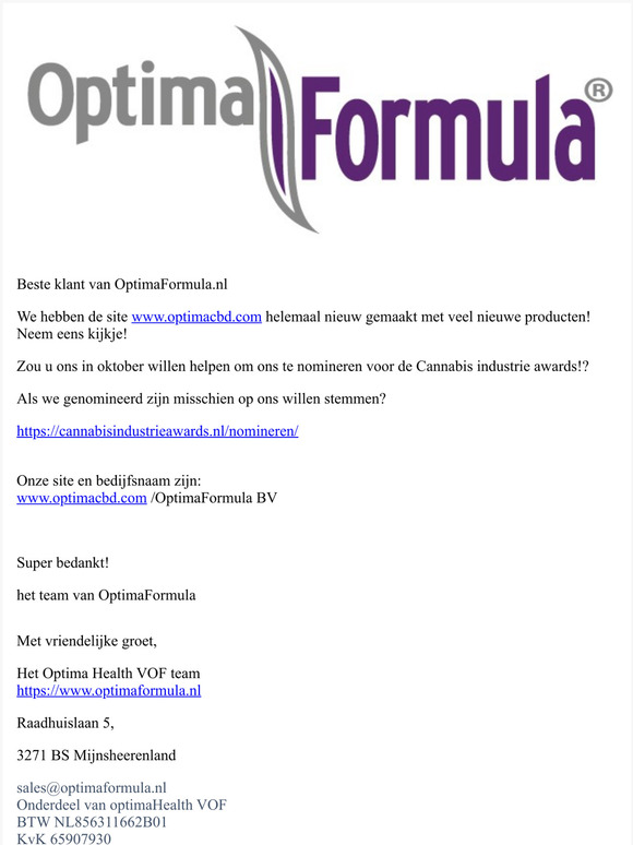 mogelijk nominatie voor OptimaFormula & site geupdated www.optimacbd.com
