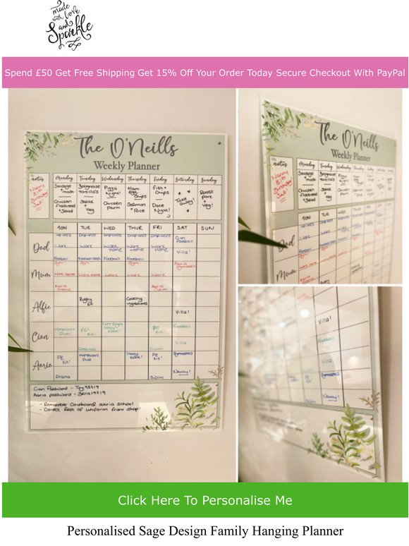  Keep Your Home Organised - Personalised Sage Design Family Hanging Planner 