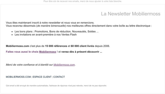 Confirmation d'abonnement  la newsletter MobilierMoss.com