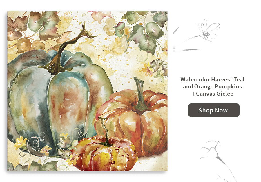Watercolor Harvest Teal and Orange Pumpkins I Canvas Giclee 