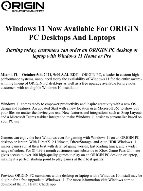 Origin PC MEDIA ALERT Windows 11 Now Available For ORIGIN PC