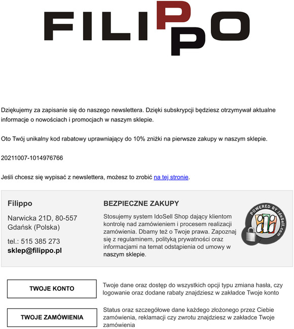 Filippo - Dodanie adresu e-mail do newslettera