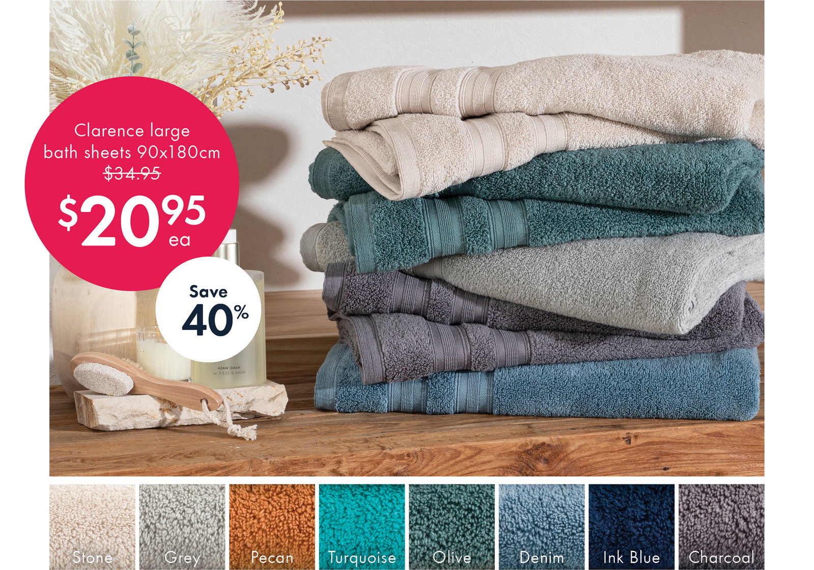 Save 40% | Clarence large bath sheets 90x180cm $20.95ea | Shop now
