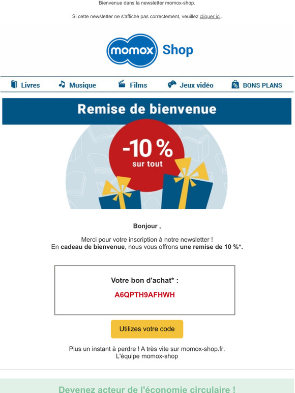 Votre cadeau de bienvenue chez momox-shop : 10 % de rduction