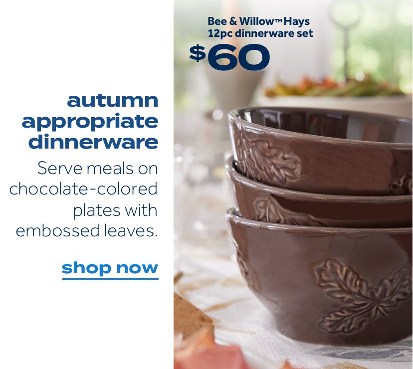 Bee & Willow™ Hays 12pc dinnerware set $60 | autumn appropriate dinnerware | Serve meals on chocolate-colored plates with embossed leaves. | shop now