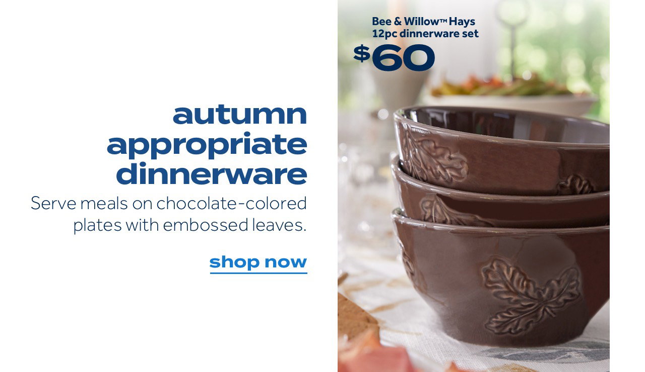 Bee & Willow™ Hays 12pc dinnerware set $60 | autumn appropriate dinnerware | Serve meals on chocolate-colored plates with embossed leaves. | shop now