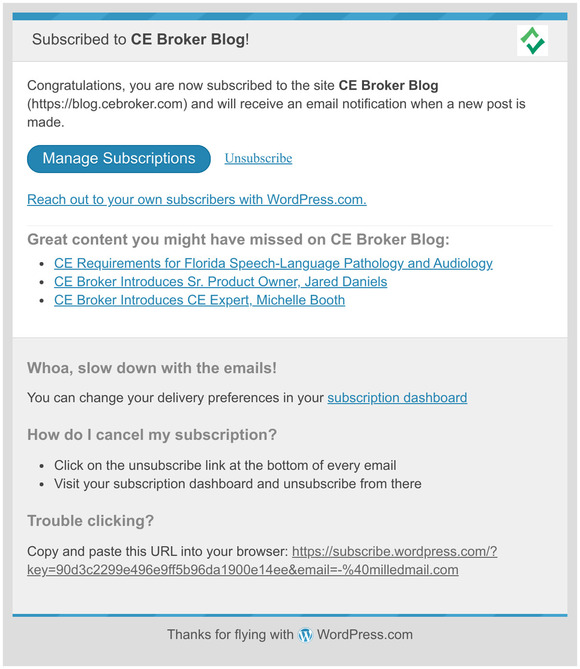 [Subscribe] Confirmed subscription to posts on CE Broker Blog
