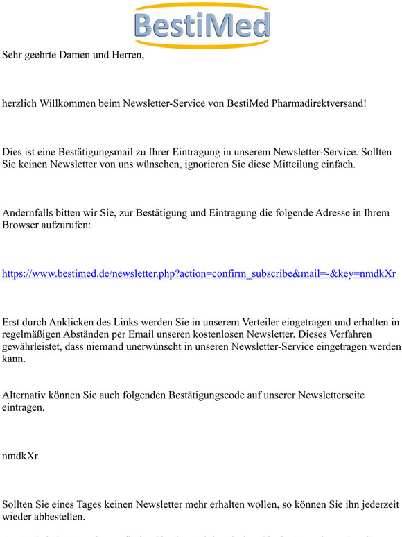 Anmeldung zum Newsletter bei BestiMed Pharmadirektversand