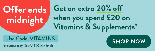 Offer ends midnight Get an extra 20% off when you spend £20 on Vitamins & Supplements* Use Code: VITAMINS