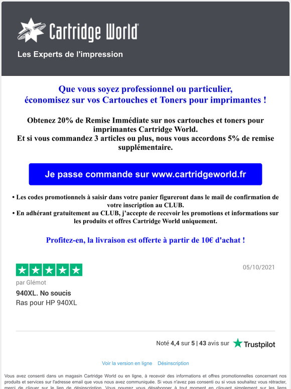 20% de remise immdiate sur vos cartouches et toners Cartridge World, a vous dit ? 