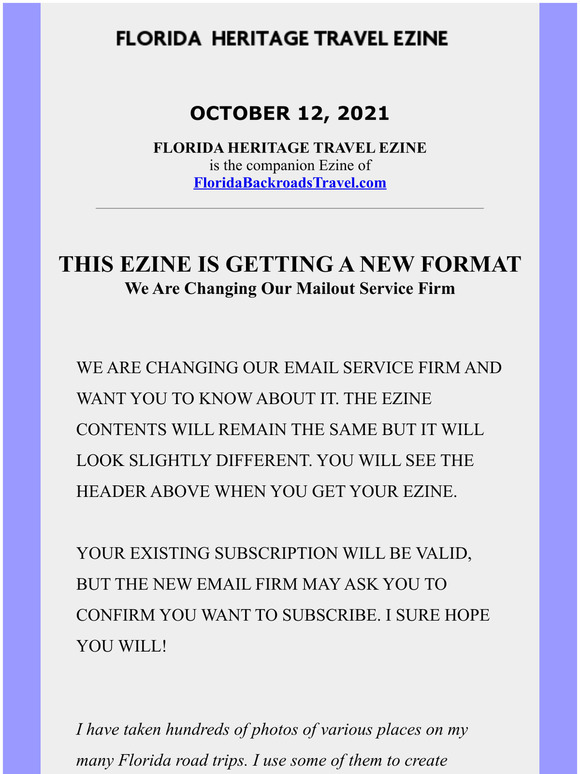 Florida Heritage Travel, October 13, 2021 - Change of Email Service