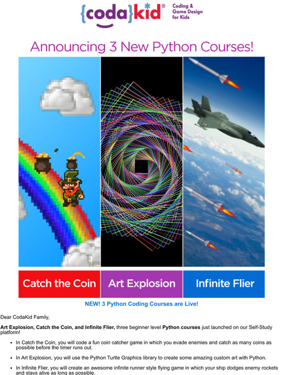 CodaKid: [Announcing] 3 New Python Self-Study Courses are Live! | Milled